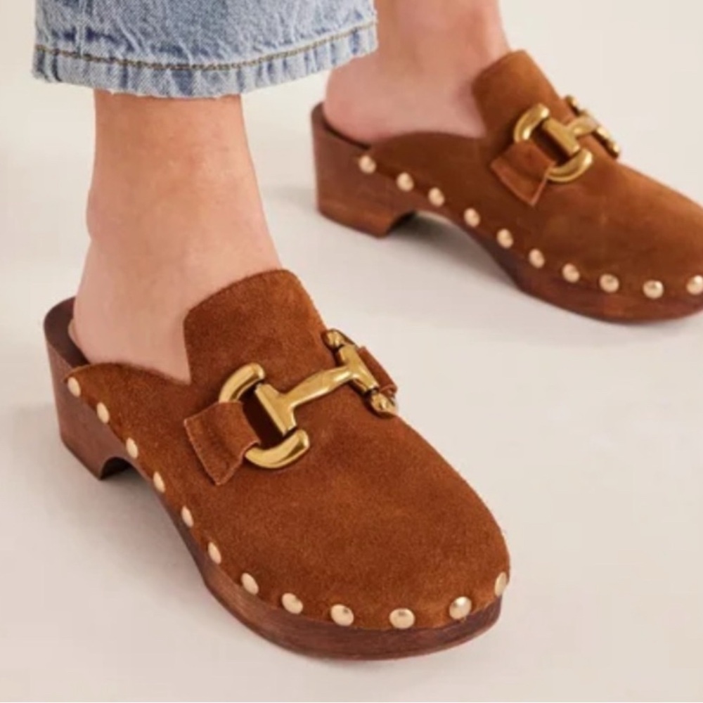 Boden Brown Suede Mules with Gold Accent
